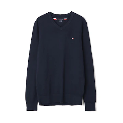 Tommy Hilfiger Logo V-Neck Pullover Sweatshirt Navy Blue - MW0MW14745-DW5
