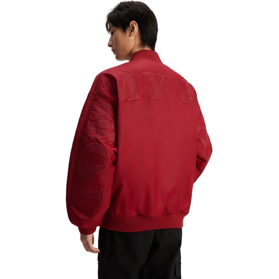Shop Tommy Hilfiger 拼布寬鬆版型飛行夾克 男女款 絳紅色. DM0DM17480