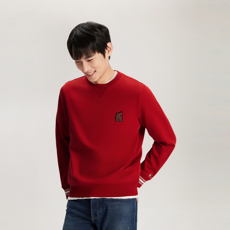 Shop 汤米·希尔费格 红色刺绣双面针织圆领卫衣 MW0MW34192