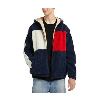 Tommy Hilfiger Reversible Sherpa Colorblock Hoodie Jacket Unisex Navy DM0DM14455-C87