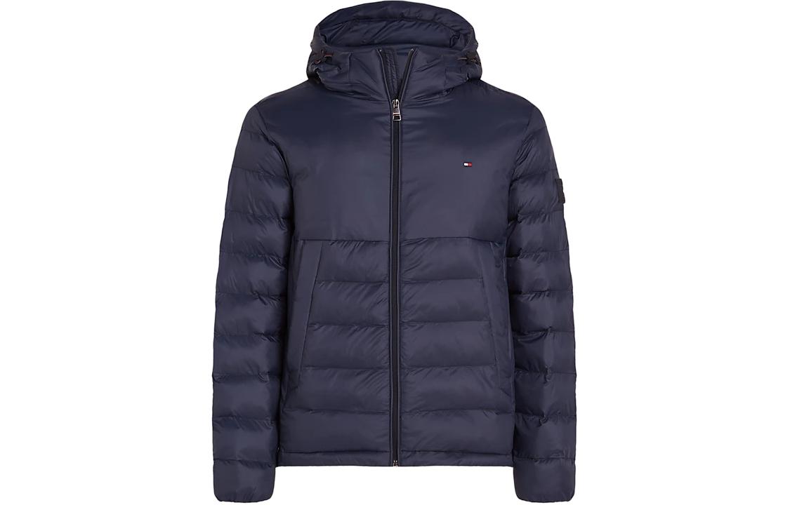 Tommy Hilfiger Solid Navy Logo Print Hooded Windproof Down Jacket for Men MW0MW33732-DW5