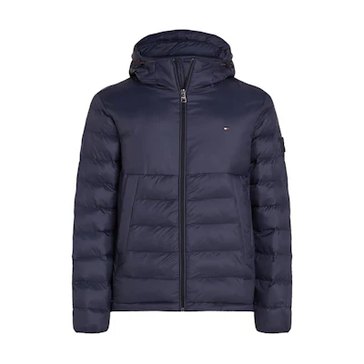 Tommy Hilfiger Solid Navy Logo Print Hooded Windproof Down Jacket for Men MW0MW33732-DW5