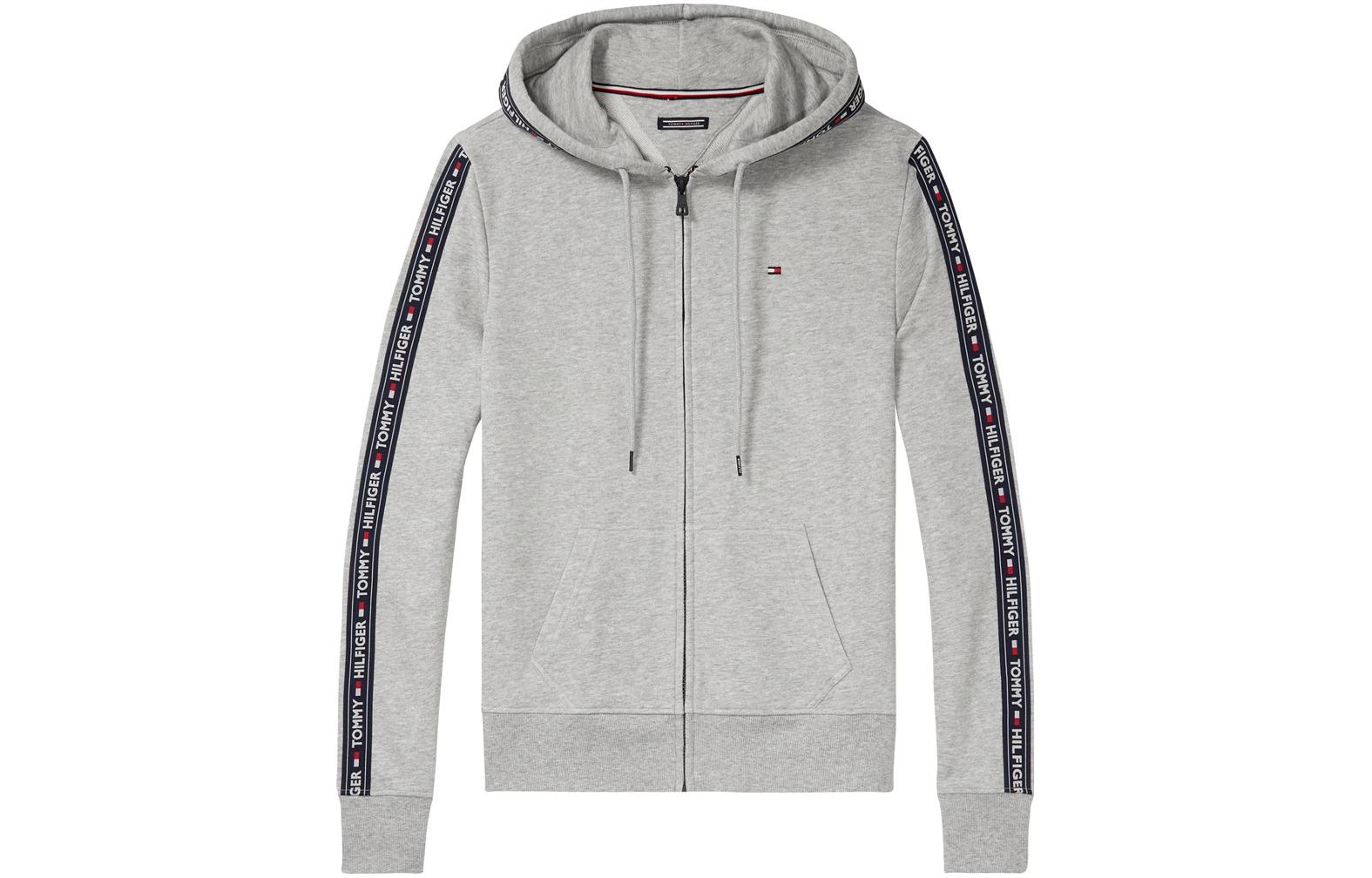 Tommy Hilfiger Solid Stripe Logo Print Hoodie Zip Jacket Grey UM0UM00708004