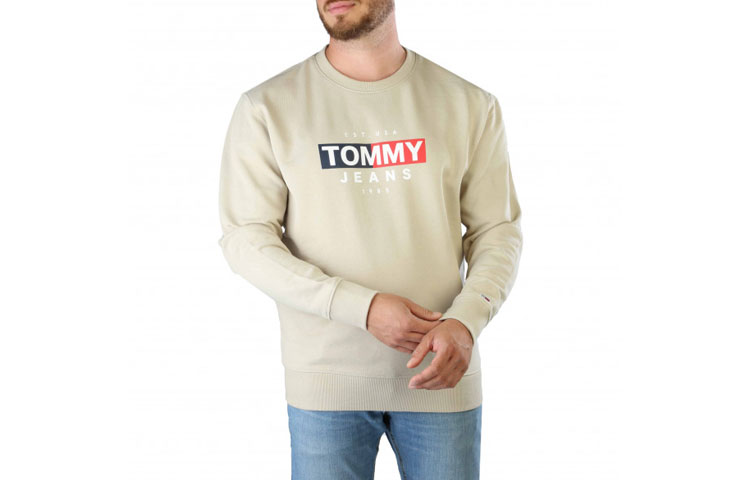 Tommy Hilfiger SS22 Logo Print Crewneck Pullover Sweatshirt Beige Mens DM0DM14341ACM