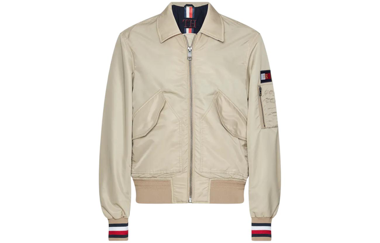 Tommy Hilfiger SS22 Striped Logo Bomber Jacket Beige MW0MW13518