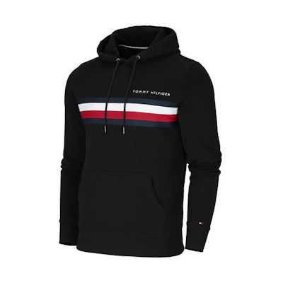 Tommy Hilfiger SS23 Black Hoodie with Striped Detail & Logo Print MW0MW14542BDS