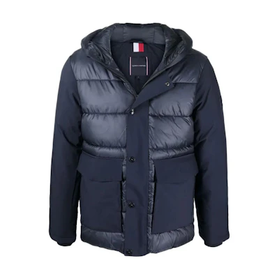Tommy Hilfiger SS23 Logo Embroidered Solid Hoodie Puffer Jacket Blue Mens MW0MW19623DW5