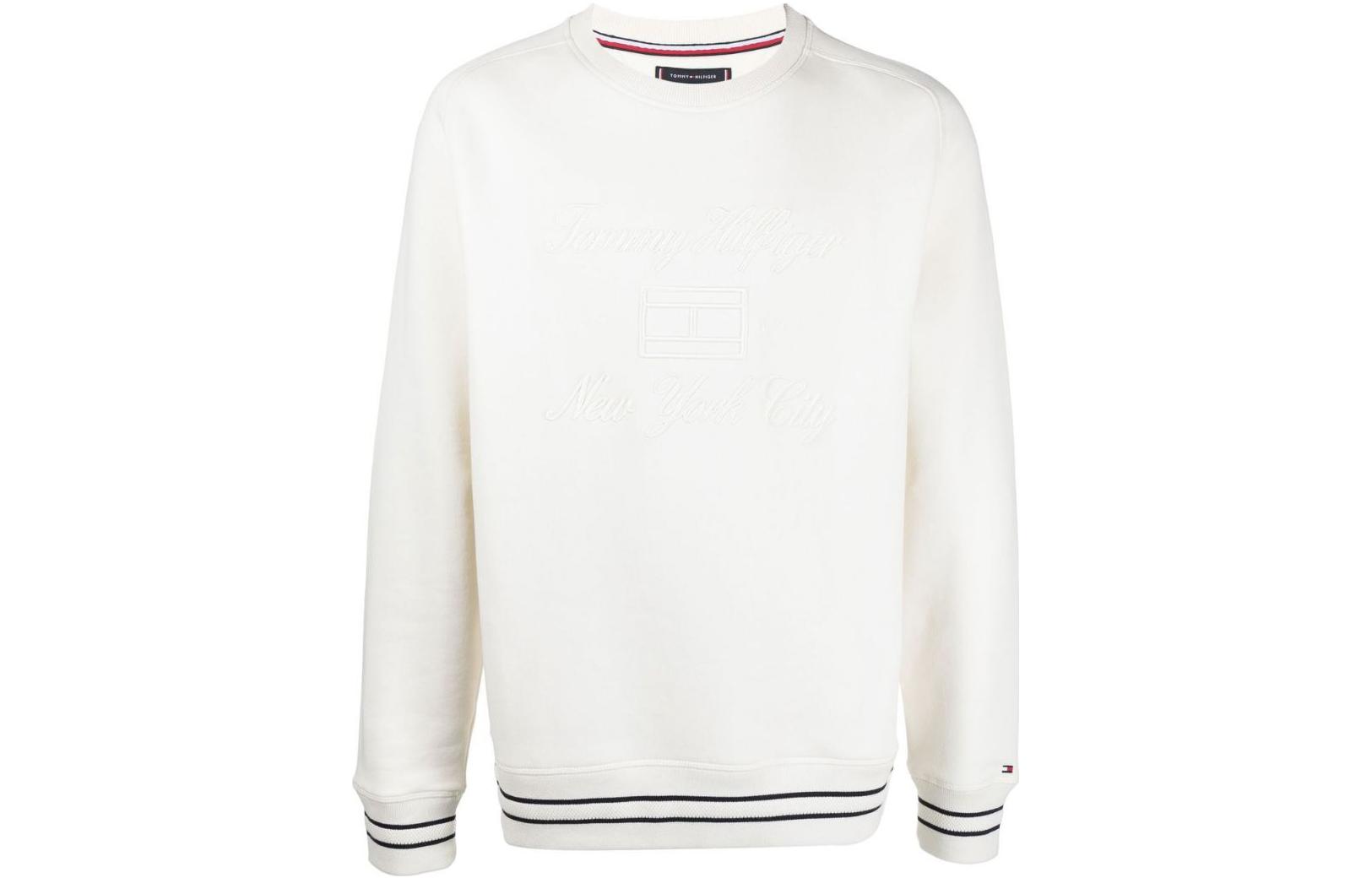 Tommy Hilfiger SS23 Striped Logo Embroidered Long Sleeve Sweatshirt White Men MW0MW27895-YBI