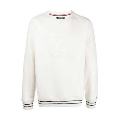 Tommy Hilfiger SS23 Striped Logo Embroidered Long Sleeve Sweatshirt White Men MW0MW27895-YBI