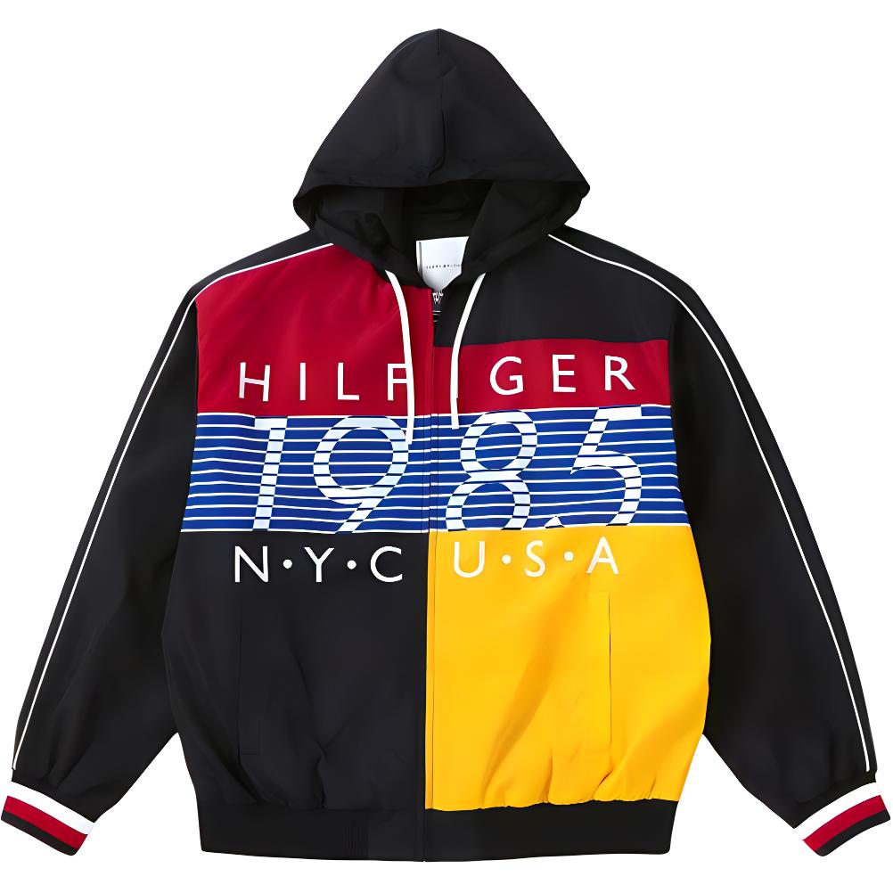 Tommy Hilfiger SS24 Navy Blue Colorblock Logo Print Hooded Jacket for Men MW36977-DW5