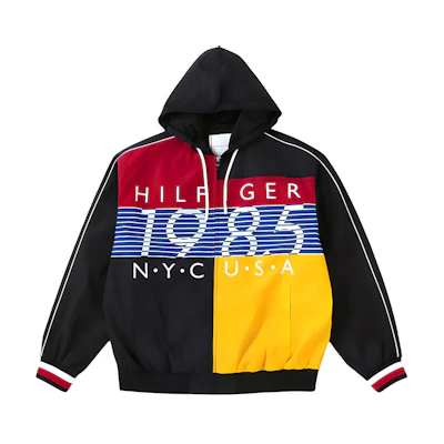Tommy Hilfiger SS24 Navy Blue Colorblock Logo Print Hooded Jacket for Men MW36977-DW5