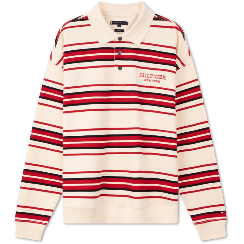 Tommy Hilfiger Striped Button-Up Polo Sweatshirt Cream Red Stripes MW0MW34408