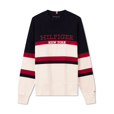 Tommy Hilfiger Striped Embroidered Colorblock Crewneck Sweatshirt Navy/Beige Unisex MW0MW33663