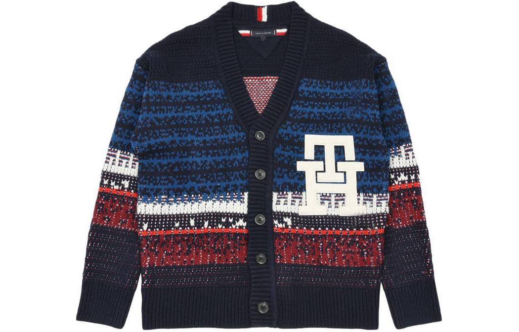 Tommy Hilfiger Textured Stripe V-Neck Cardigan Jacket Blue Fashion MW33088DW5