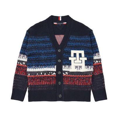 Tommy Hilfiger Textured Stripe V-Neck Cardigan Jacket Blue Fashion MW33088DW5
