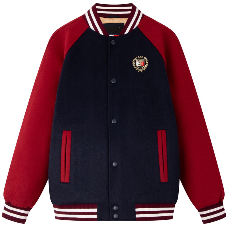 Tommy Hilfiger Wool Varsity Bomber Jacket Navy Red Colorblock Casual Fit DM0DM19631