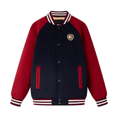 Tommy Hilfiger Wool Varsity Bomber Jacket Navy Red Colorblock Casual Fit DM0DM19631