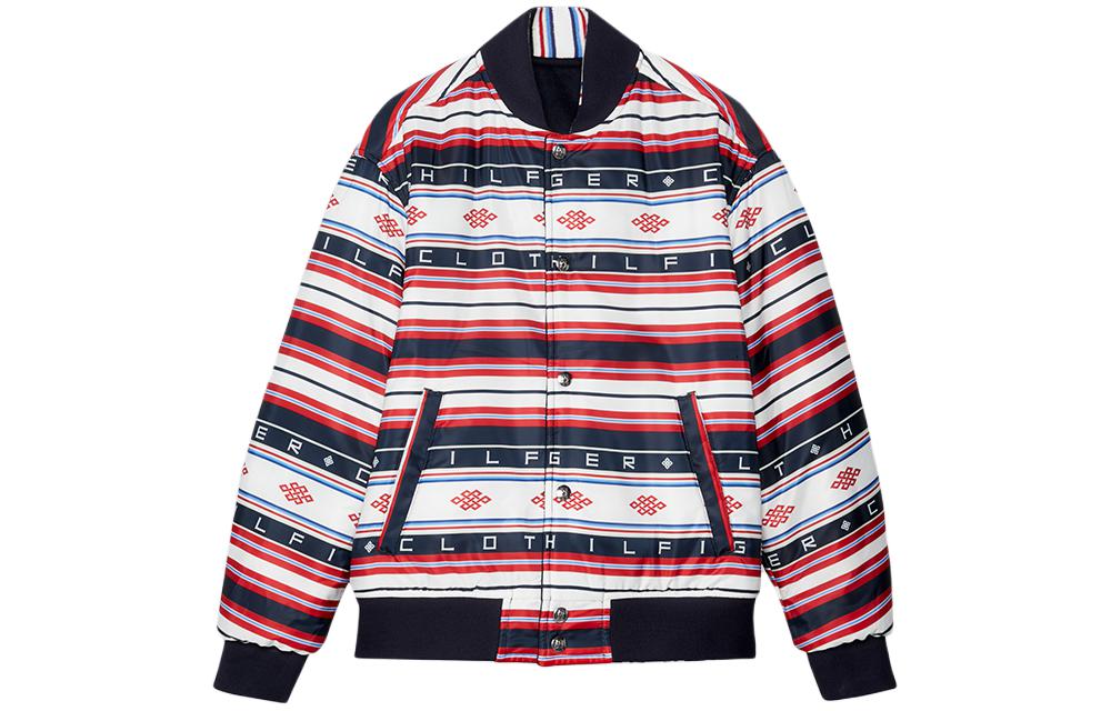 Shop Tommy Hilfiger x CLOT SS24 Jaket Navy Unisex Warna Blok Kolar Baseball. MW0MW34794