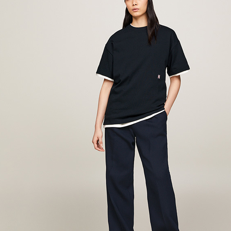 Shop 汤米希尔费格 x CLOT 2024春夏海军蓝拼色男女同款圆领T恤 MW0MW34809-DW5