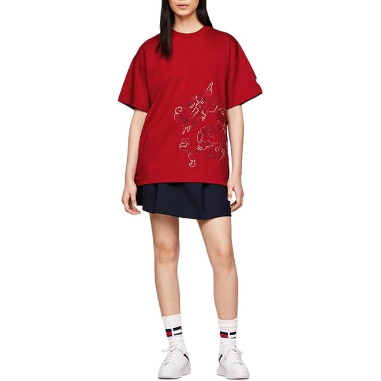 Shop 타미 힐피거 x 클롯 SS24 레드 애니멀 프린트 유니섹스 크루넥 티셔츠 MW0MW35191-XMP