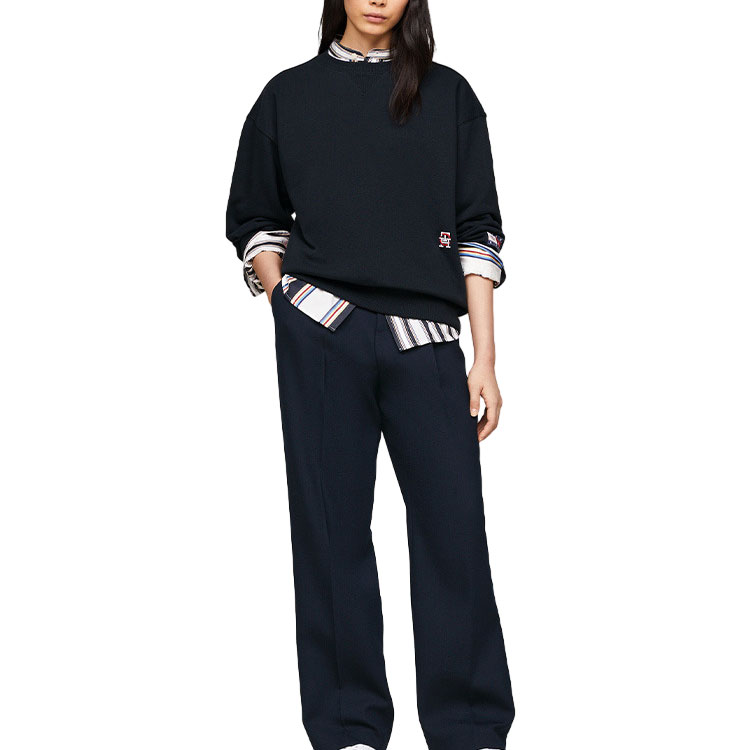 Shop 汤米·希尔费格 x CLOT SS24 男女款宽松拼接卫衣 海军蓝 MW0MW35190-DW5