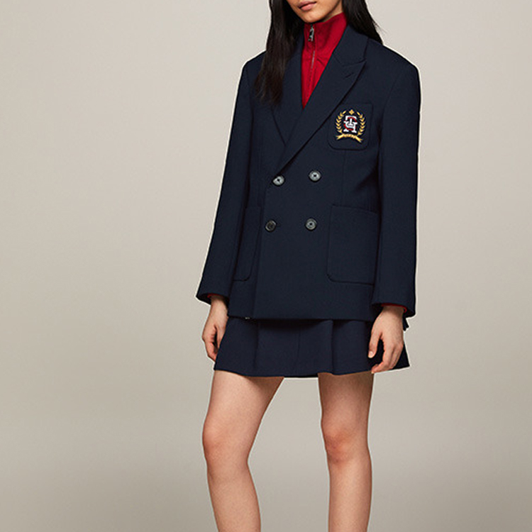 Purchase Tommy Hilfiger x CLOT Unisex SS24 Navy Double-Breasted Oversized Blazer. MW0MW34799-DW5