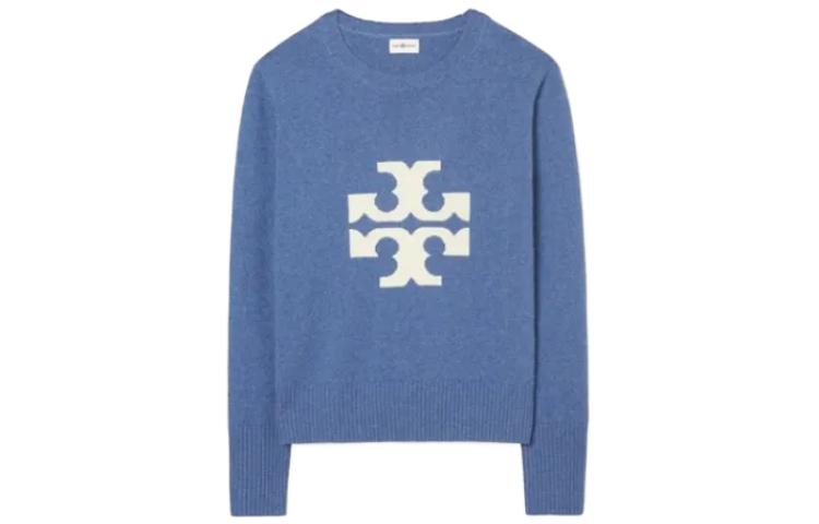 Tory Burch Color Block Pattern Crewneck Sweater Blue - Long Sleeve Pullover 83213-421