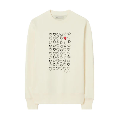 Tory Burch Heart Print Crewneck Sweatshirt Unisex Ivory Pearl White 149198-110
