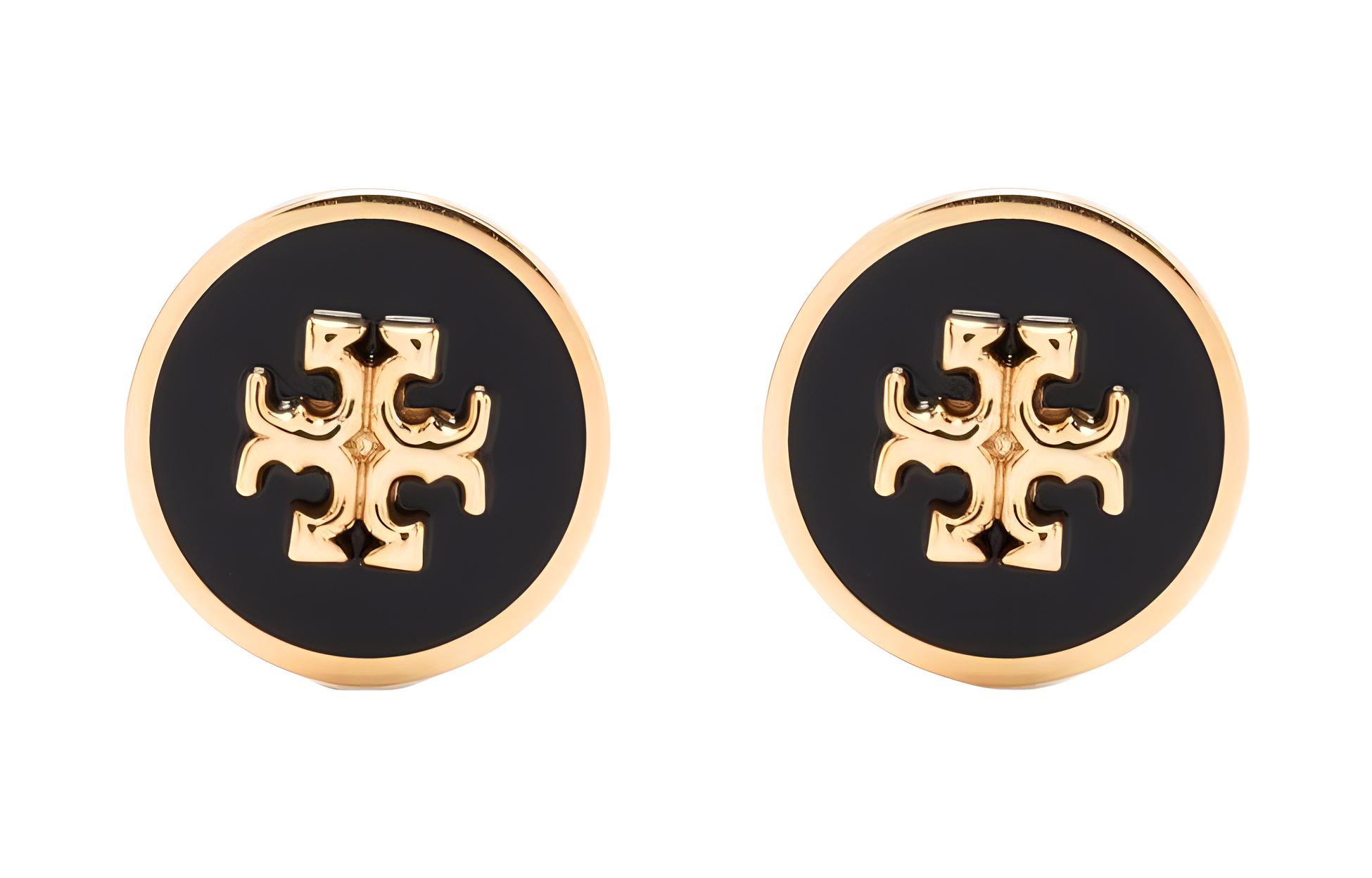 TORY BURCH Logo Stud Earrings Unisex Couple Style Black Brass. 90547-720