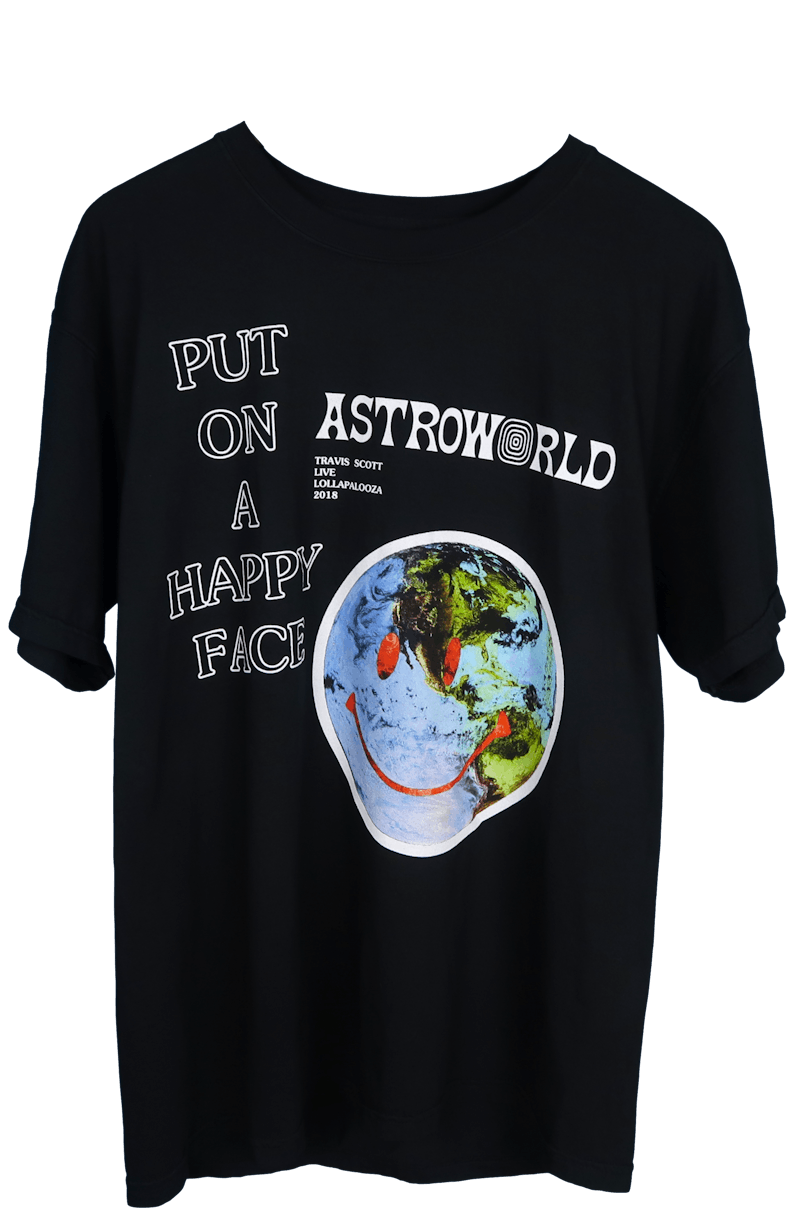 Buy Travis Scott Astroworld Lollapalooza Smiley World T-Shirt Hitam