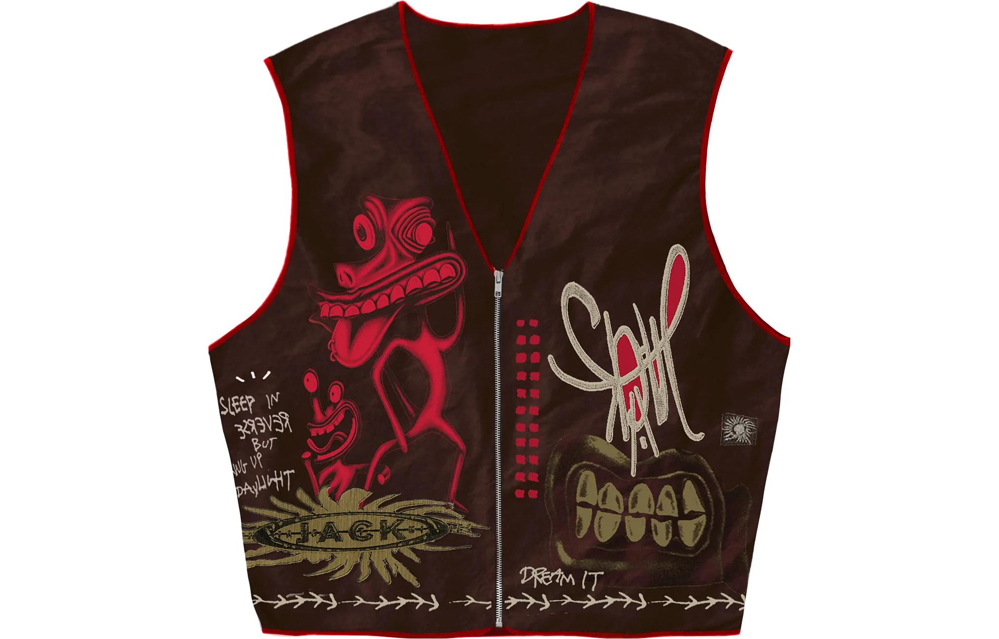 Travis Scott Cactus Jack Letter Cartoon V-Neck Zip Vest Black (). CJFN-SS85