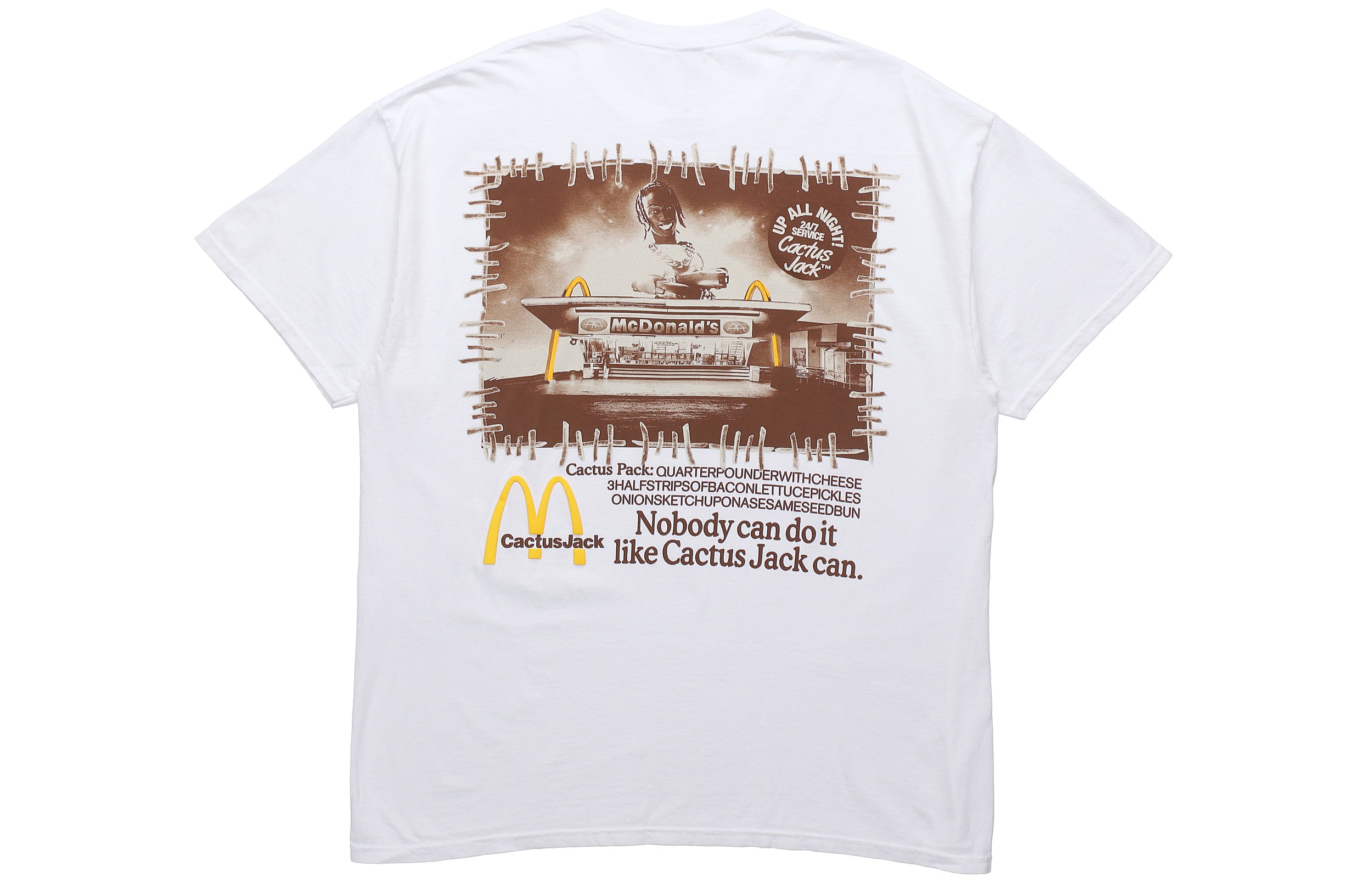 Lookbook Kaos Kolaborasi Travis Scott x McDonald''s Putih Unisex Kasual. CJMDSS37