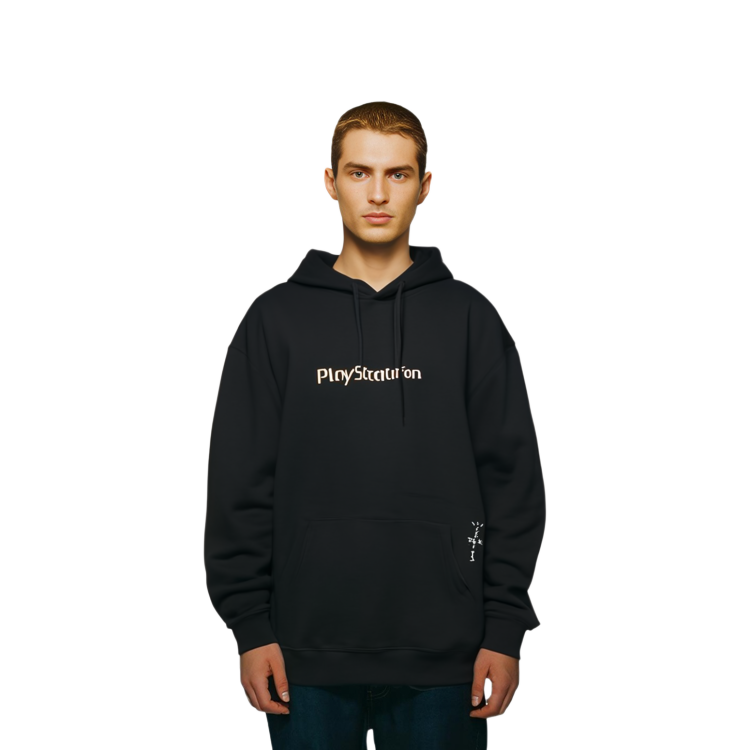 Sizing Sudadera con capucha negra Travis Scott x Playstation gráfica oversize para hombre. CJPS-HS10