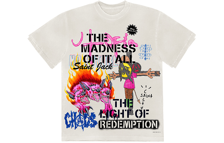 Order Travis Scott x SAINT Mxxxxxx Baju-T Hellhound Putih Uniseks TSUT-SS29