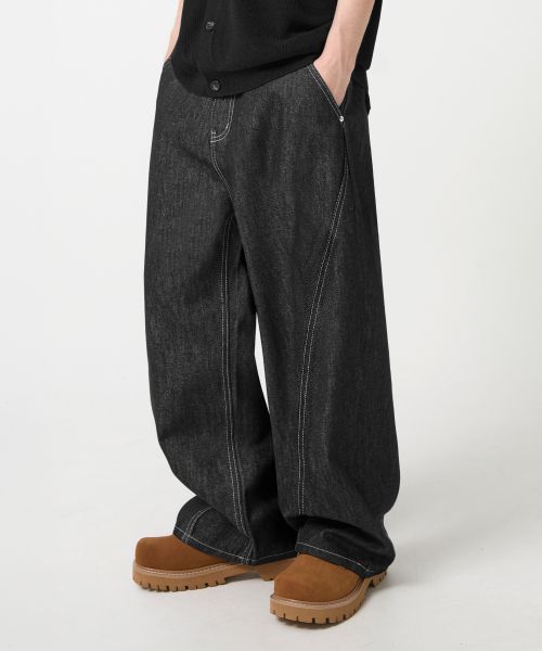 TRILLION [Special Edition] Curved Wide Raw Denim Pants_Black TRSPT102BK