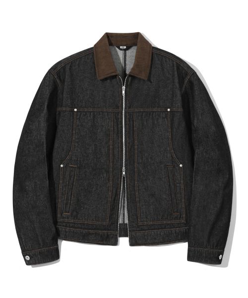 TRILLION Corduroy Collar Denim Zip-Up Work Jacket (Black) TRFJK09BK