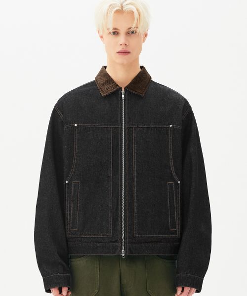 Lookbook TRILLION 灯芯绒领黑色牛仔拉链工装夹克 TRFJK09BK