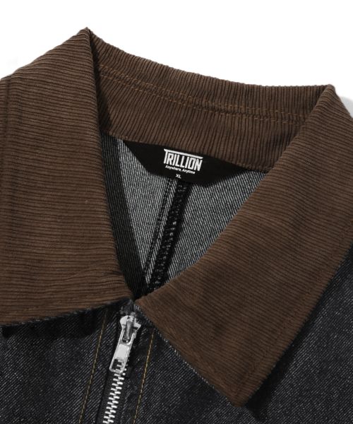 Sizing TRILLION 灯芯绒领黑色牛仔拉链工装夹克 TRFJK09BK