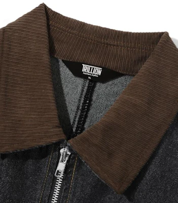 TRILLION Corduroy Collar Denim Zip-Up Work Jacket (Black) TRFJK09BK Sizing TRILLION Corduroy Collar Denim Zip-Up Work Jacket (Black) TRFJK09BK