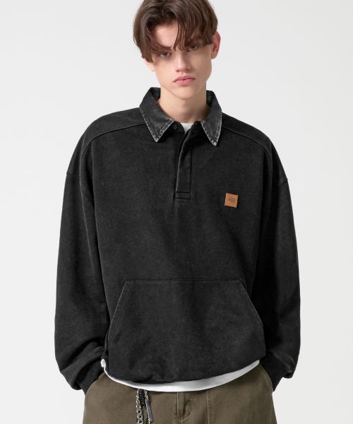 Order Trillion Leather Patch Denim Collar Rugby Sweatshirt - Pigment Charcoal TRFSH17CH