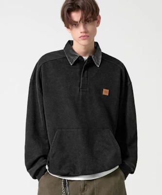 Trillion Leather Patch Denim Collar Rugby Sweatshirt - Pigment Charcoal TRFSH17CH Order Trillion Leather Patch Denim Collar Rugby Sweatshirt - Pigment Charcoal TRFSH17CH
