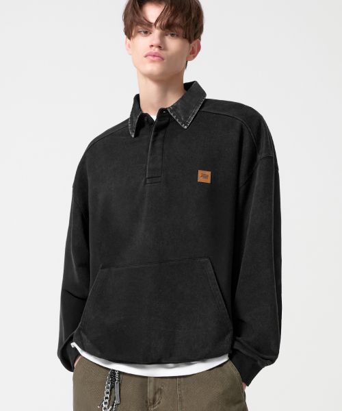 Lookbook Trillion Leather Patch Denim Collar Rugby Sweatshirt - Pigment Charcoal TRFSH17CH