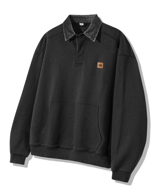 Shop Trillion Leather Patch Denim Collar Rugby Sweatshirt - Pigment Charcoal TRFSH17CH