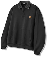 Shop Trillion Leather Patch Denim Collar Rugby Sweatshirt - Pigment Charcoal TRFSH17CH