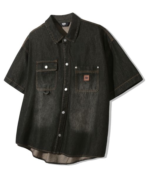TRILLION Leather Patch Oversized Work Denim Short Sleeve Shirt [Yellow Black] TRSSH33YB