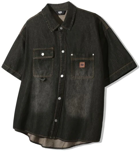 trillion-leather-patch-oversized-work-denim-short-sleeve-shirt-yellow-black-trssh-33-yb