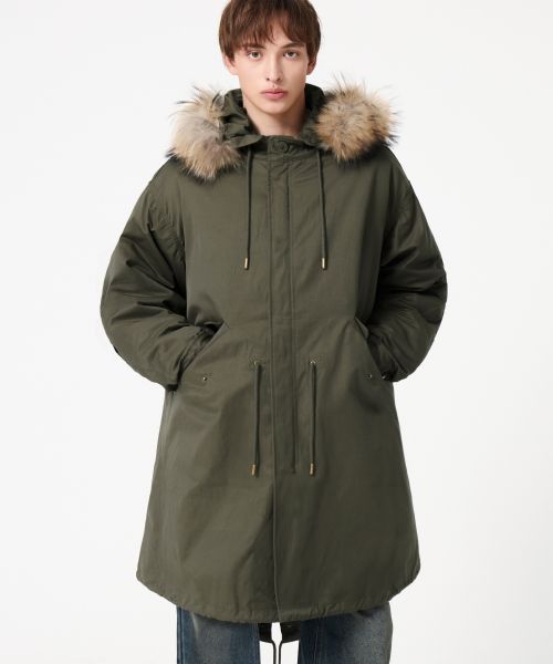 Lookbook Trillion Raccoon Fur M65 Fishtail Long Parka in Khaki TRFJK76