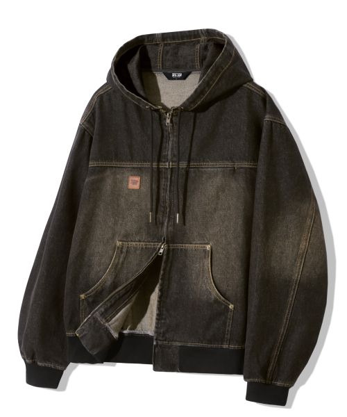 Trillion Vintage Washed Denim Work Hooded Zip-Up_Yellow Black TRFHT03YB