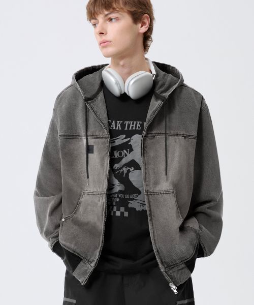 Order Trillion Vintage Washed Denim Work Hoodie Zip-Up_Light Gray TRFHT03GR