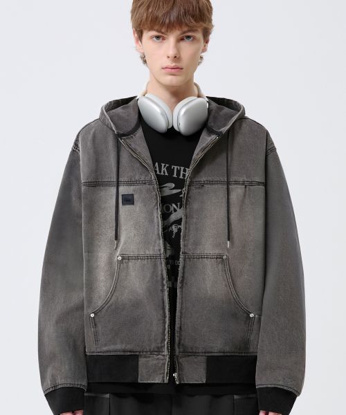 Lookbook Trillion Vintage Washed Denim Work Hoodie Zip-Up_Light Gray TRFHT03GR